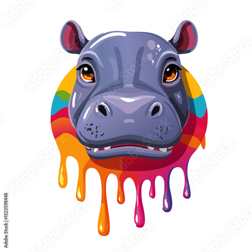 Portrait of a cute hippopotamus, dripping liquid colors vector icon design