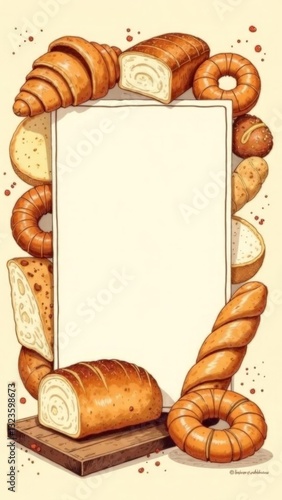 A hand-drawn illustration of an assortment of bread and pastries, including croissants, bagels, white bread slices, baguette  with a central frame for text. Vertical