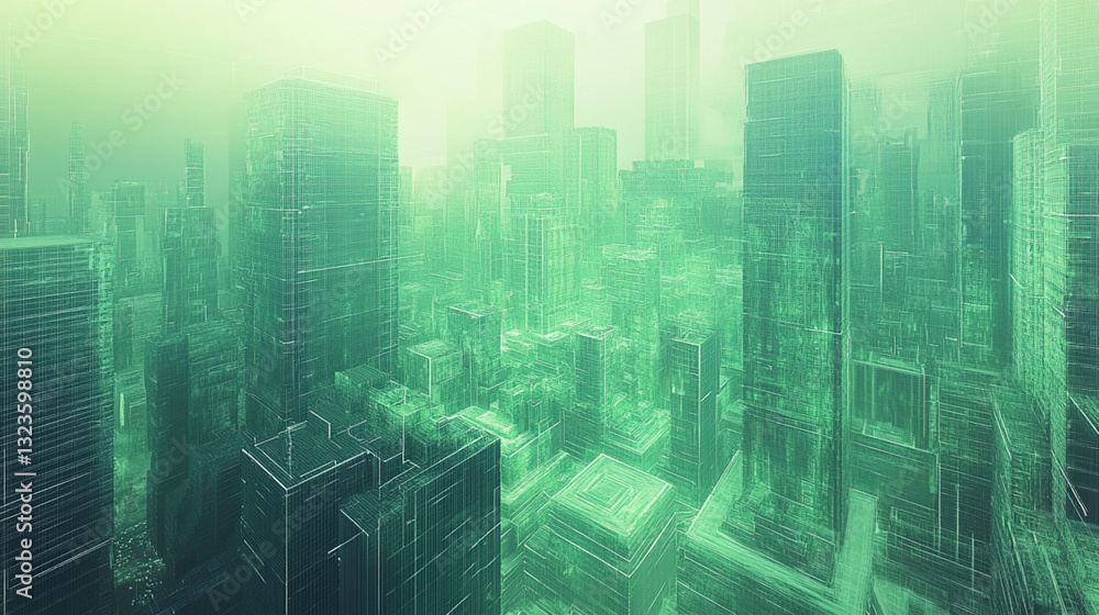 A cityscape with tall buildings and a green tint A cityscape with tall buildings and a green tint