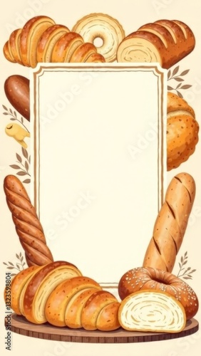 A hand-drawn illustration of an assortment of bread and pastries, including croissants, bagels, white bread slices, baguette  with a central frame for text. Vertical