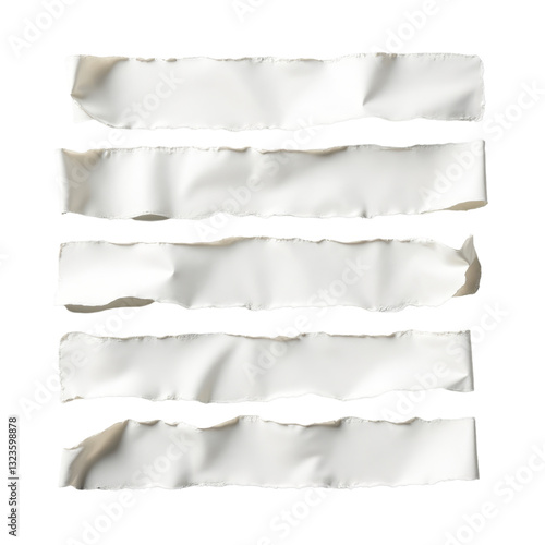 Five ragged strips of white paper with transparent background