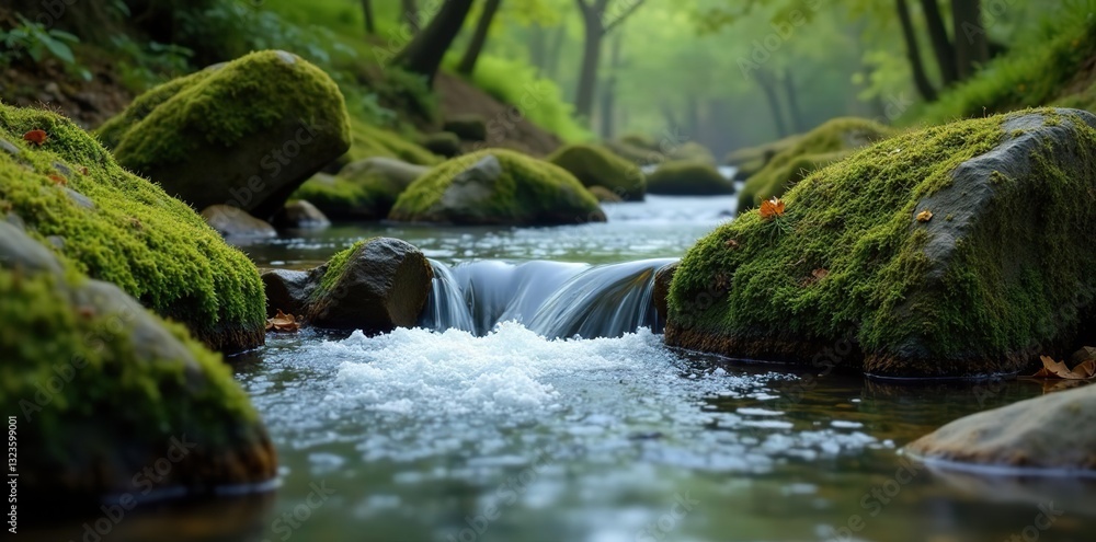Fototapeta premium River flows gently through moss covered rocks, scenery, moss
