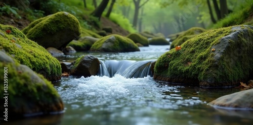 River flows gently through moss covered rocks, scenery, moss