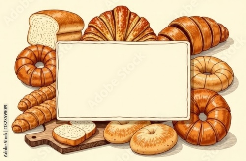 A hand-drawn illustration of an assortment of bread and pastries, including croissants, bagels, white bread slices, baguette  with a central frame for text