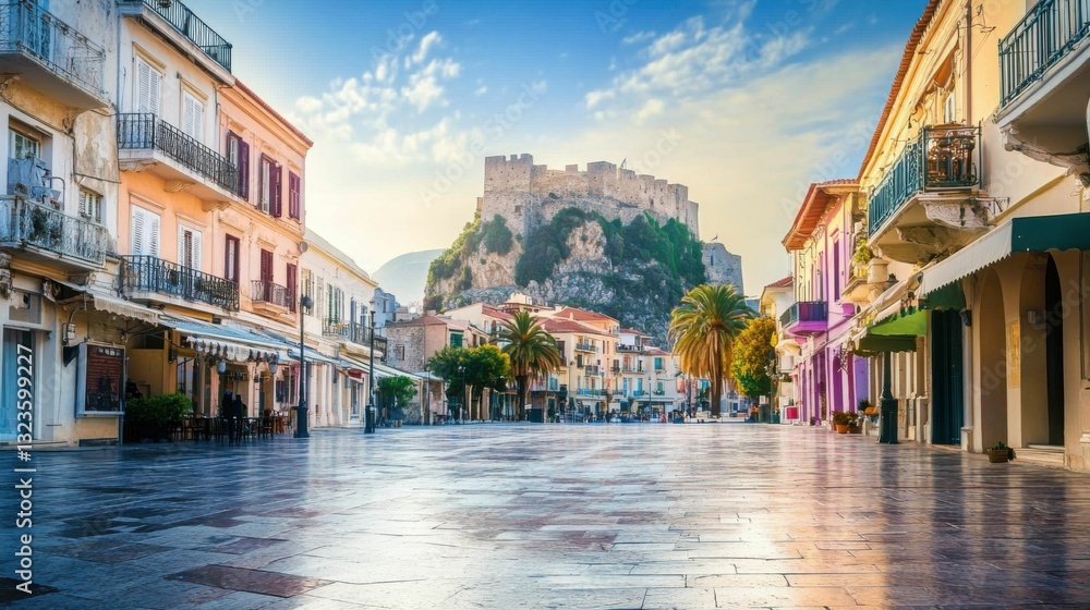 Obraz premium Nafplio Castle: Philellinon Square in Historic City with Palamidi Fortress Background