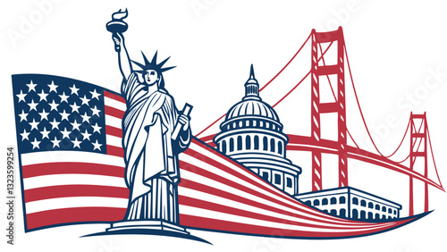 Iconic symbols of America including the Statue of Liberty, Golden Gate Bridge, and the Capitol Building set against a waving flag background