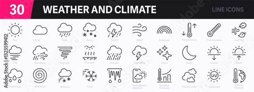 Set of 30 outline icons related to weather. This outline icon set includes sunshine, clouds, rain, snow, thunderstorms, wind, temperature, and more. Editable stroke. Vector illustration