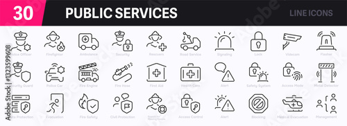 Set of 30 outline icons related to public services. This outline icon set includes government services, healthcare, emergency services, utilities, and more. Editable stroke. Vector illustration