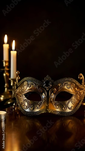 Elegant golden mask on a table beside candles creates a mysterious ambiance for a masquerade evening