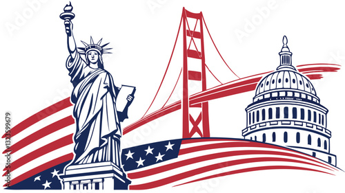 Iconic symbols of America including the Statue of Liberty, Golden Gate Bridge, and the Capitol Building set against a waving flag background