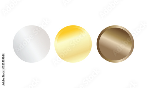 Vector illustration of silver, gold and bronze medal plates set. First, second and third place medals or buttons isolated on white background. Quality blank badges and emblems set.