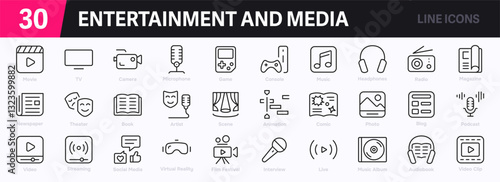Set of 30 outline icons related to entertainment and media. This outline icon set includes film reel, TV, camera, microphone, music, theater, movie and more. Editable stroke. Vector illustration