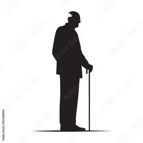 Aging Hero Standing Oldman silhouette, carrying the spirit of past adventures - Oldman illustration - Minimalist Standing Oldman vector - Veteran figure
