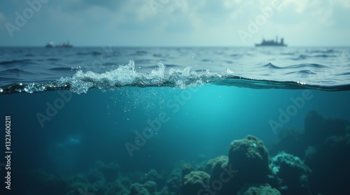 Fototapeta Naklejka Na Ścianę i Meble -  Split view of ocean surface with underwater coral reef and distant ships. Marine nature and sea exploration concept