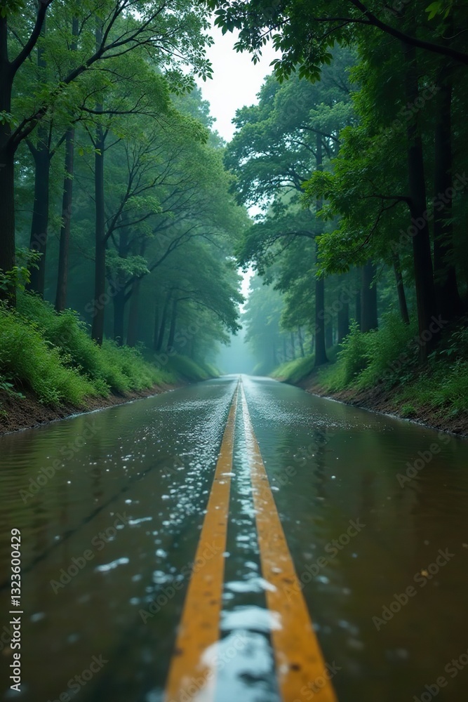 Obraz premium Road submerged in murky waters, trees swaying, water logged, storm surge, flooded road