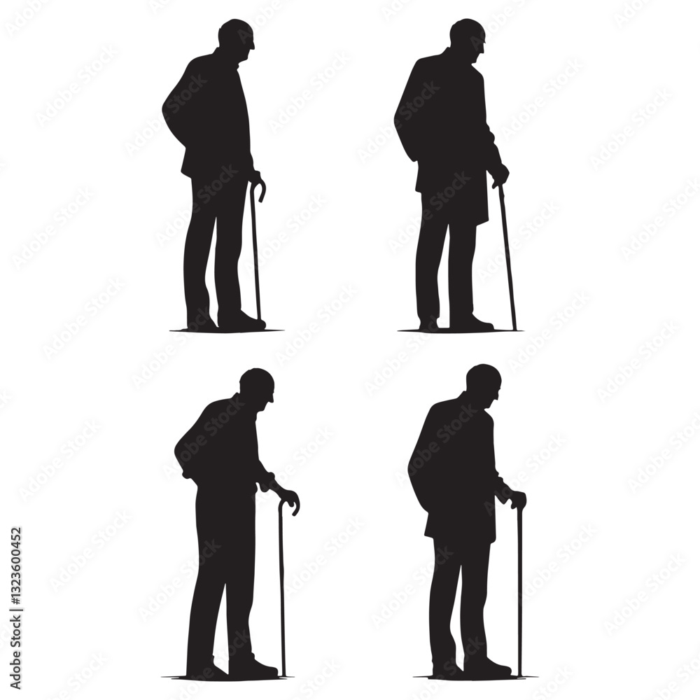 Obraz premium Stooped but Strong Standing Oldman silhouette, a fighter through the years - Oldman illustration - Minimalist Standing Oldman vector - Resilient elder