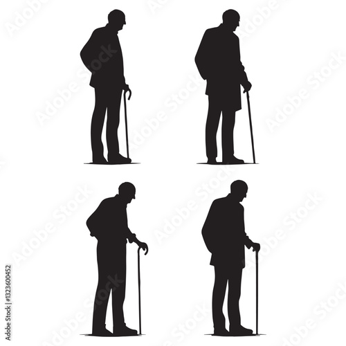 Stooped but Strong Standing Oldman silhouette, a fighter through the years - Oldman illustration - Minimalist Standing Oldman vector - Resilient elder
