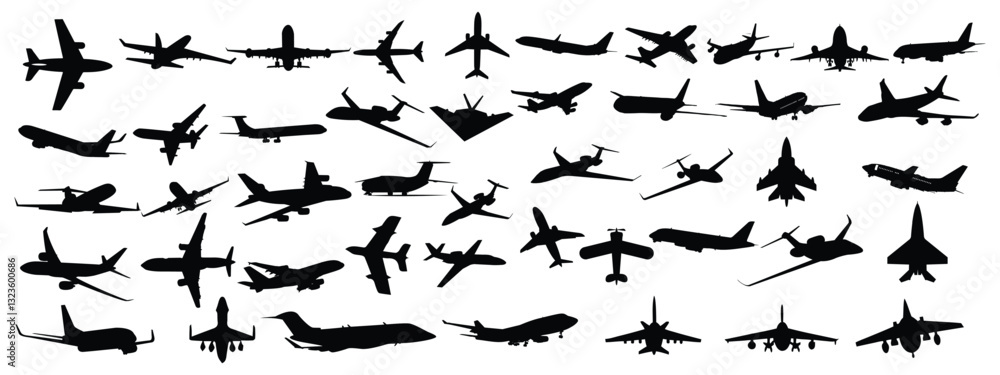 Fototapeta premium Passenger airplanes black monochrome silhouettes different point set vector flat illustration