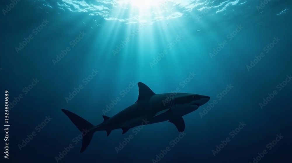 Fototapeta premium Shark swimming in deep blue ocean with sunlight rays shining through water. Underwater marine wildlife scene for nature and sea life concepts