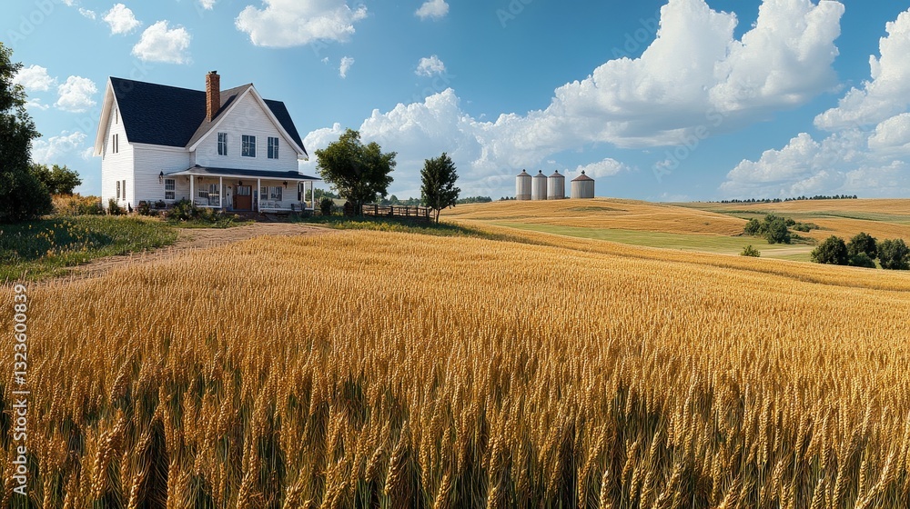 White Farmhouse in Golden Wheat Fields with Silos under Bright Blue Sky White Farmhouse in Golden Wheat Fields with Silos under Bright Blue Sky