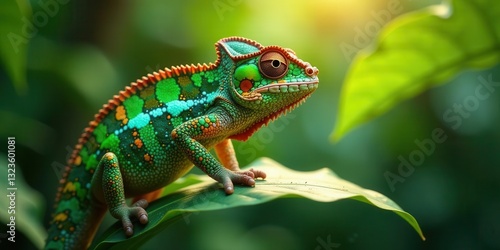 Wallpaper Mural A Vibrant Chameleon Perched on a Lush Green Leaf, Basking in the Warm Sunlight of a Tropical Forest Torontodigital.ca