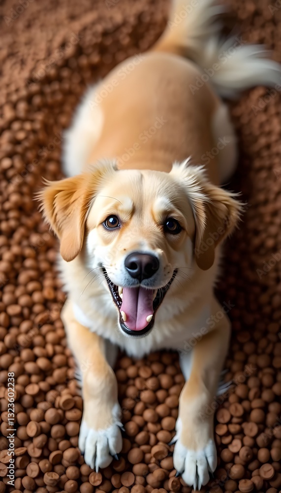 Joyful dog resting on a massive heap of dry pet food, top-down view