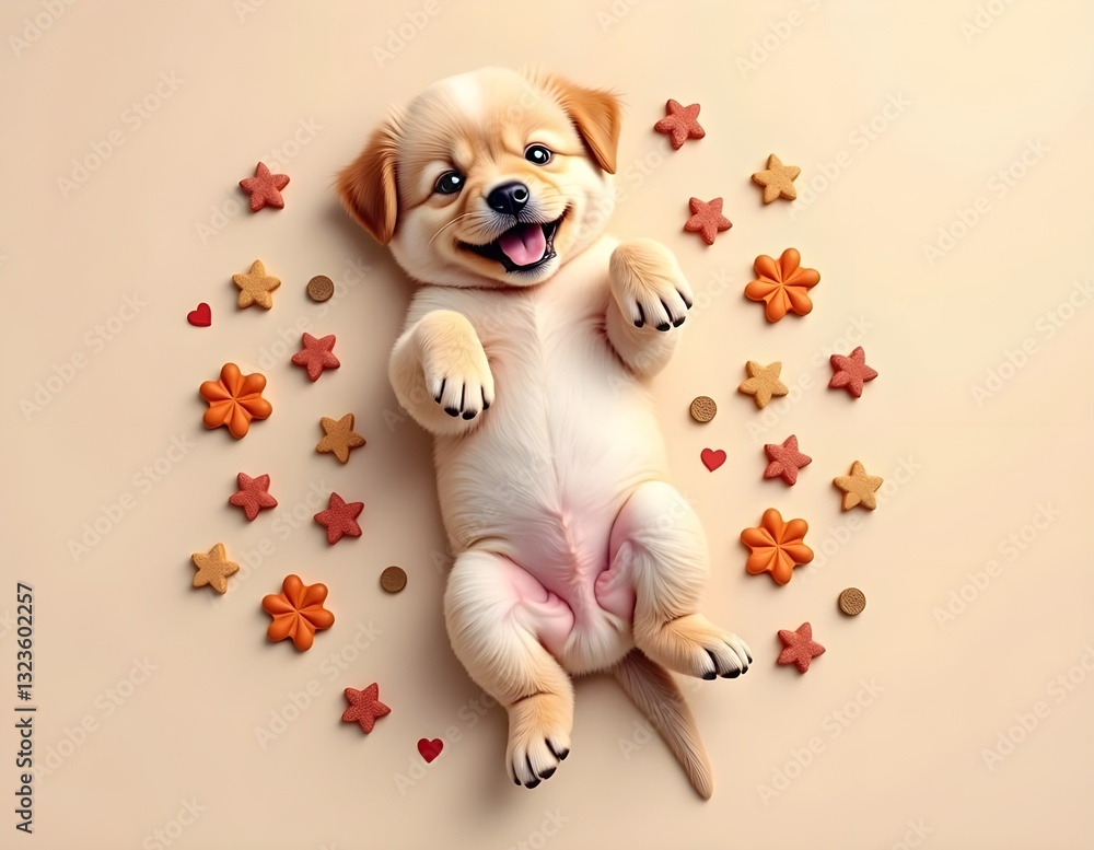 Joyful dog resting on a massive heap of dry pet food, top-down view