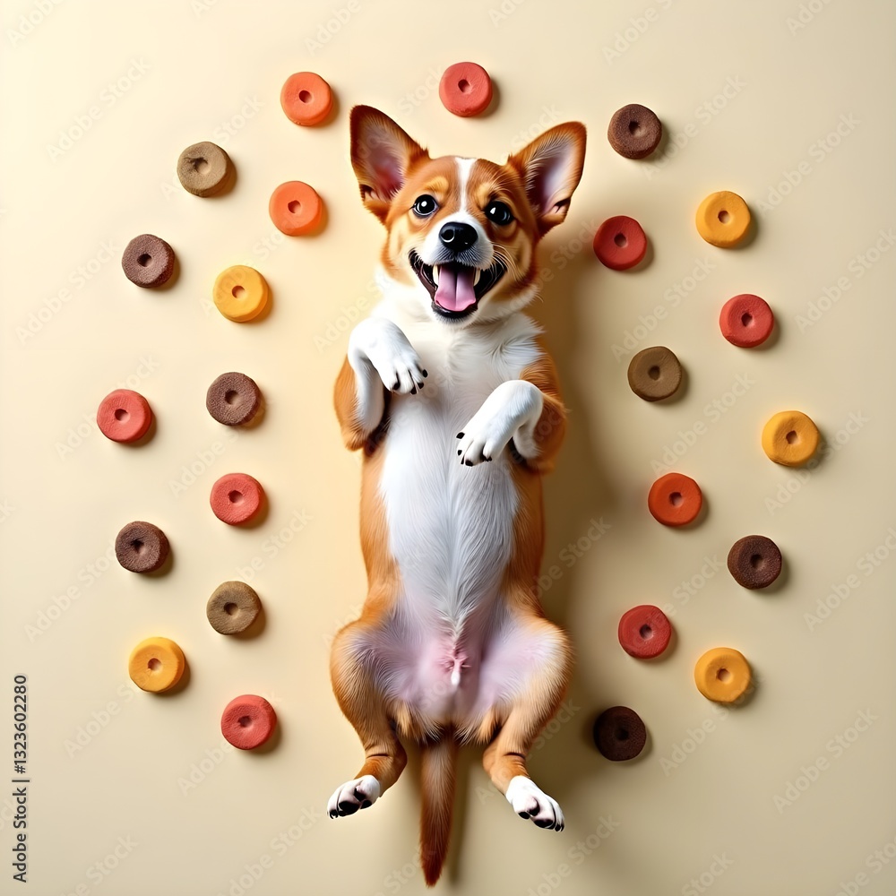 Joyful dog resting on a massive heap of dry pet food, top-down view