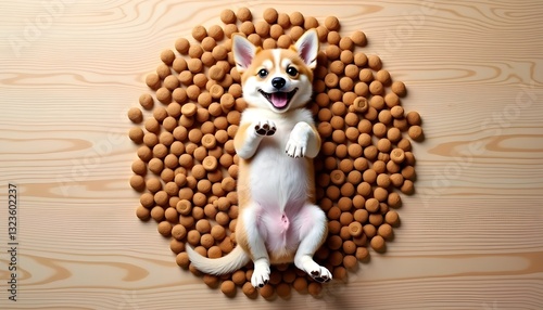 Joyful dog resting on a massive heap of dry pet food, top-down view
