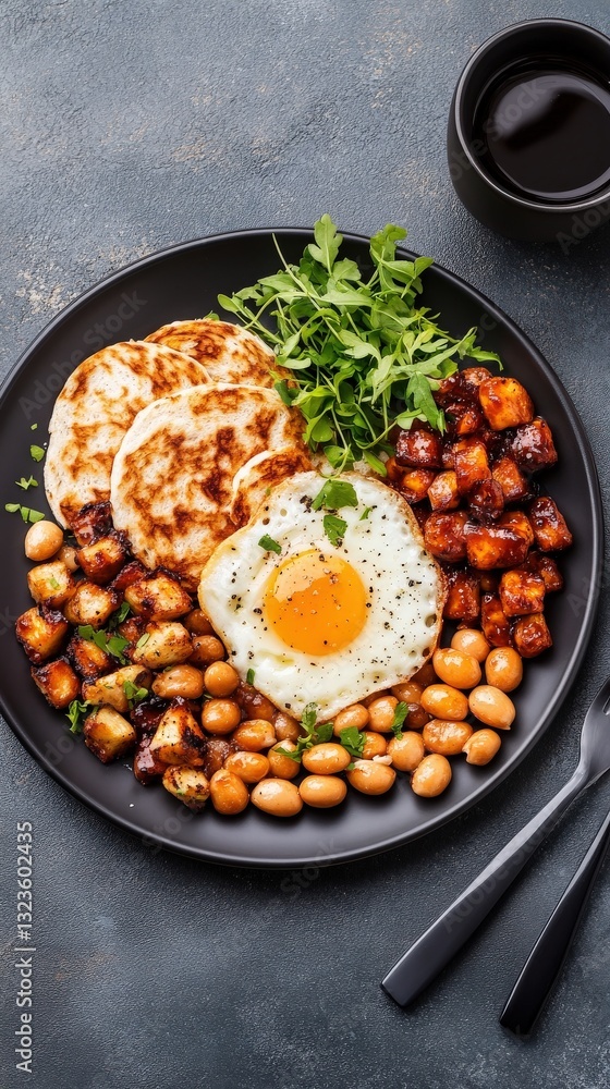 Healthy breakfast with fried egg and beans Healthy breakfast with fried egg and beans