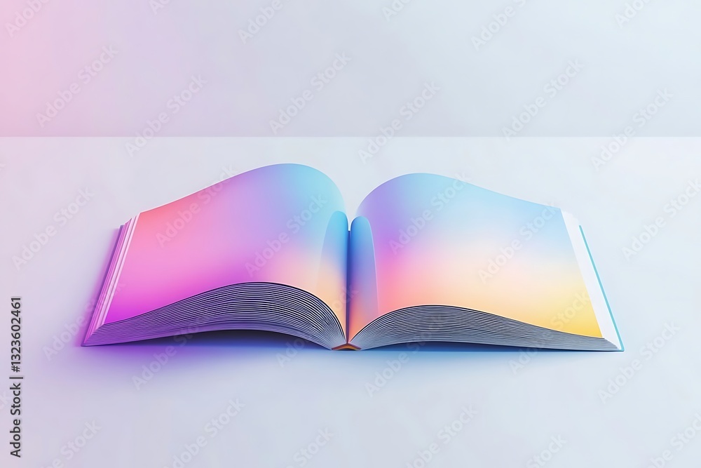 3D rendering of an open magazine with a blank white page and gradient cover design on a table, bright lighting, and a clean white background. Perfect for branding or advertising visuals. 3D rendering of an open magazine with a blank white page and gradient cover design on a table, bright lighting, and a clean white background. Perfect for branding or advertising visuals.