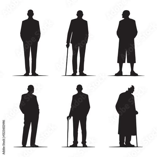 Vintage Standing Oldman silhouette, a relic of a bygone era - Oldman illustration - Minimalist Standing Oldman vector - Elderly shadow
