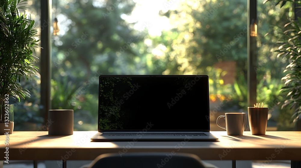 Cozy Modern Workspace with Laptop and Greenery, A modern workspace featuring a laptop on a wooden desk Cozy Modern Workspace with Laptop and Greenery, A modern workspace featuring a laptop on a wooden desk