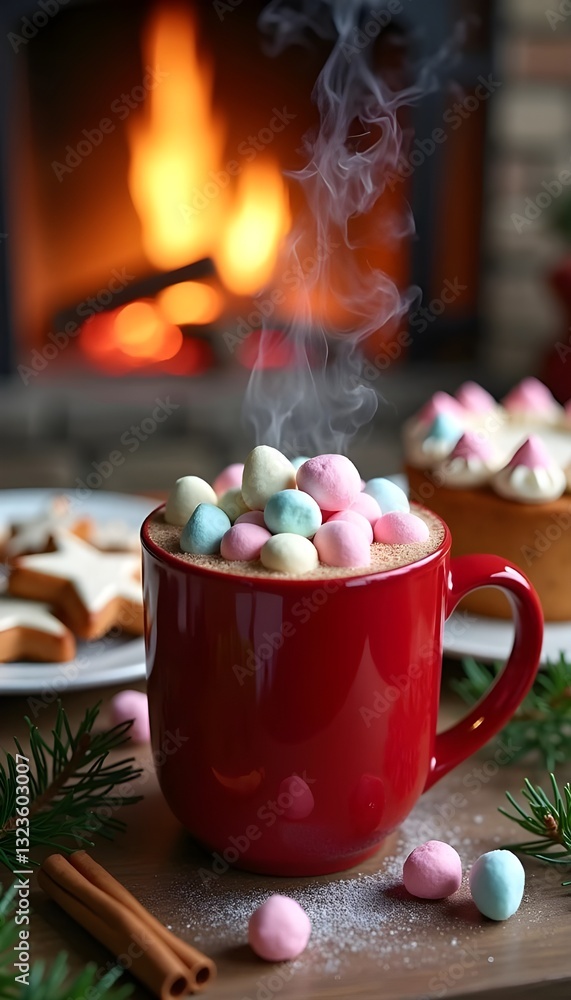 Cozy winter scene with steaming hot chocolate, gingerbread cookies, and warm rustic decor