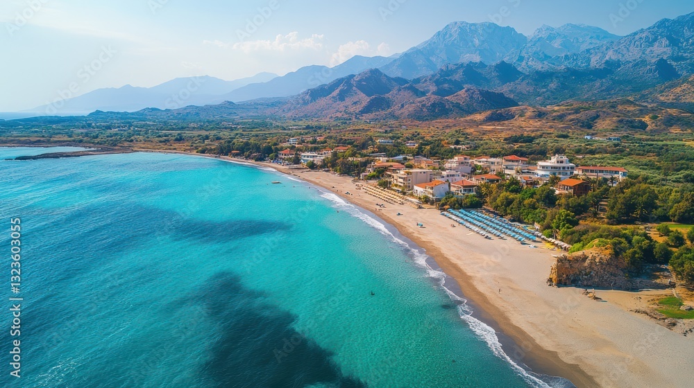 Fototapeta premium Aerial view Turquoise beach, coastal town, mountains