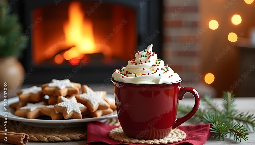 Cozy winter scene with steaming hot chocolate, gingerbread cookies, and warm rustic decor
