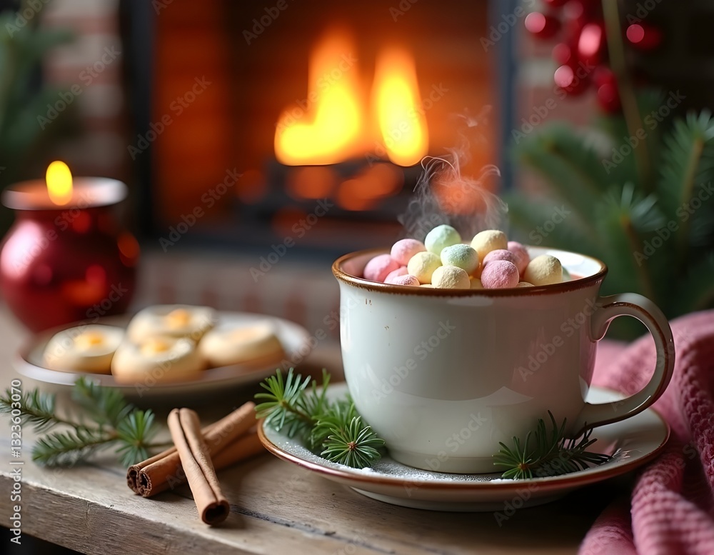 Cozy winter scene with steaming hot chocolate, gingerbread cookies, and warm rustic decor