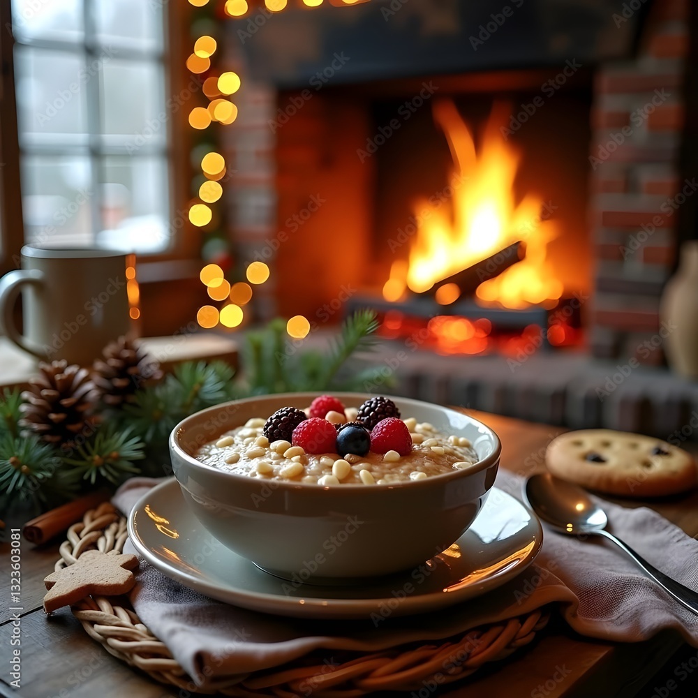 Cozy winter scene with steaming hot chocolate, gingerbread cookies, and warm rustic decor