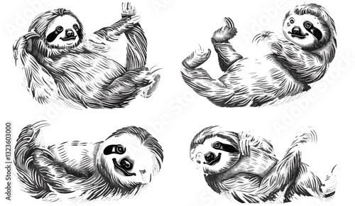 vector sloth illustration isolated black and white engrave set, animal engraving, sloth vector, wildlife art, hand-drawn sloth design, nature illustration, sloth drawing, vector artwork