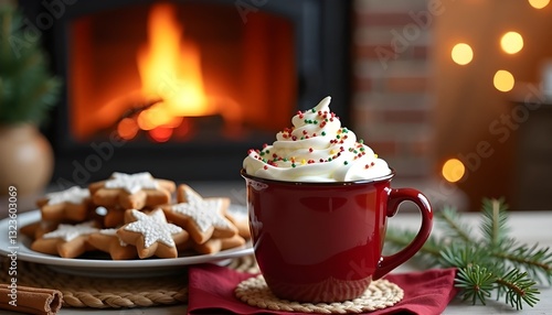 Obraz na płótnie Cozy winter scene with steaming hot chocolate, gingerbread cookies, and warm rustic decor
w salonie
