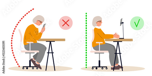 Correct good position vs bad incorrect posture for holding and talking with PHONE. Right and wrong back, neck and legs poses of Old woman, elderly person at workplace. Vector 