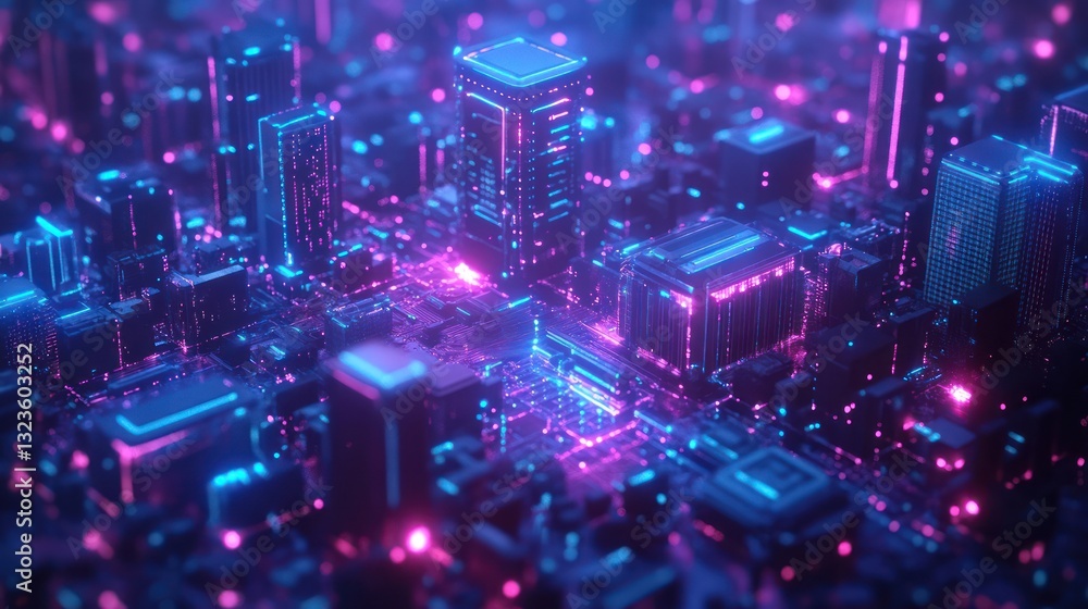 Obraz premium Neon Cityscape Digital Future, glowing streets, technology