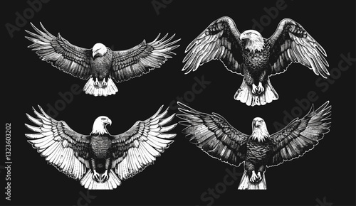 Eagle set vector black and white illustration engrave isolated, wildlife, bird art, nature design, animal sketch, monochrome eagle, flying bird, engraving, isolated eagle, wildlife vector