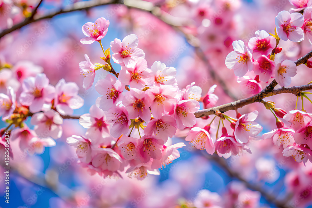 Fototapeta premium Vibrant pink cherry blossoms against a blue sky.png