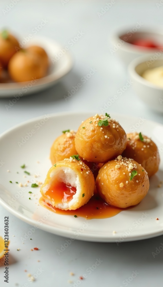 Rolling balls of roe on a plain white ceramic plate, clean, modern Rolling balls of roe on a plain white ceramic plate, clean, modern