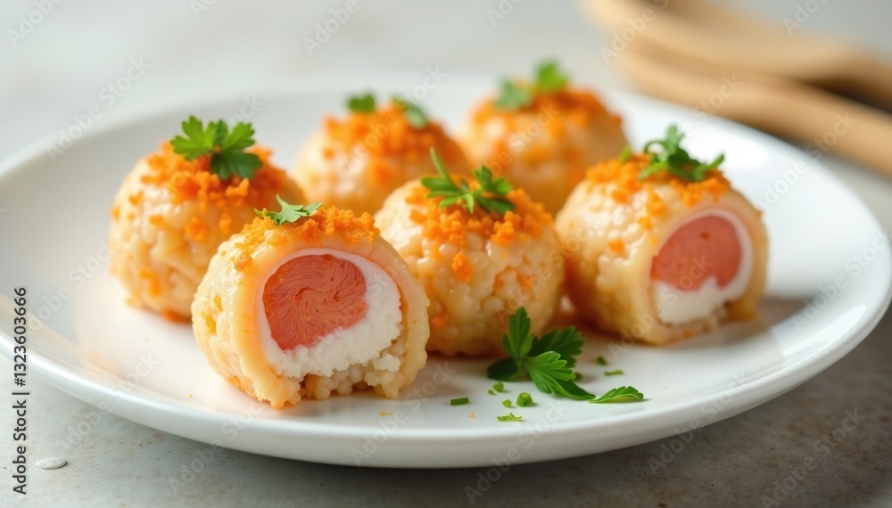 Rolling balls of roe on a plain white ceramic plate, photography, modern Rolling balls of roe on a plain white ceramic plate, photography, modern