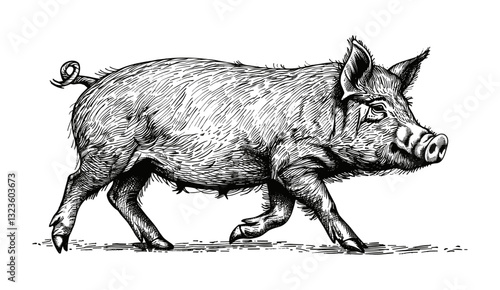 Engraved pig vector illustration set, vintage farm animal sketch, black and white pig etching, rustic livestock graphic, hand-drawn hog art, swine emblem, classic pork engraving, retro style