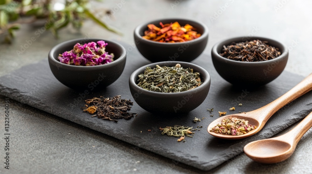 Assorted loose leaf teas and herbs in bowls on slate tray with wooden spoons. Assorted loose leaf teas and herbs in bowls on slate tray with wooden spoons.