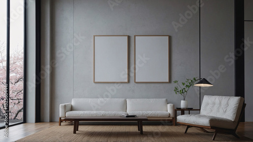 Contemporary minimalist Japanese living room with earthy tones blank canvas wall art and tranquil design style Interior design Wallpaper inspiration