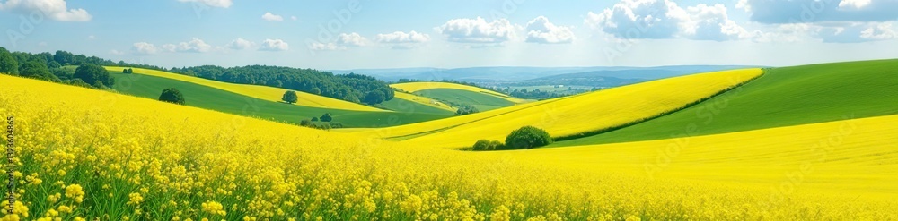 Obraz premium Rolling hills of yellow rapeseed fields in spring, flowers, hills, farming